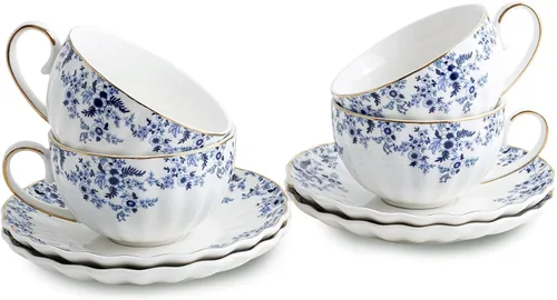 Vista 9 de Agyiuns Taza de té y platillos, tazas de té floral de 6.4 onzas con borde dorado, taza de té de porcelana, tazas de café capuchino espresso con Azul