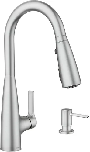 Vista 9 de Moen Haelyn - Grifo de cocina monocontrol con rociador extraíble cromado con potencia para una limpieza más rápida, dispensador de jabón incluido