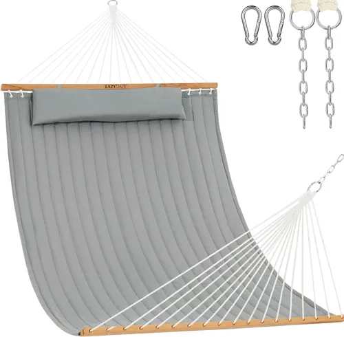 Vista 9 de Lazy Daze Hammocks Hamaca de tela acolchada doble de 12 pies con barra separadora y almohada desmontable, hamaca para 2 personas para exteriores