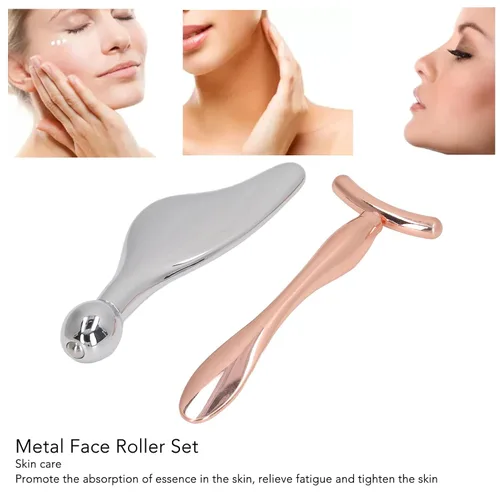 Vista 3 de Juego de 2 rodillos faciales de metal, palitos de masaje de rodillo facial, masajeador facial en forma de T, kit de masajeador facial de aleación