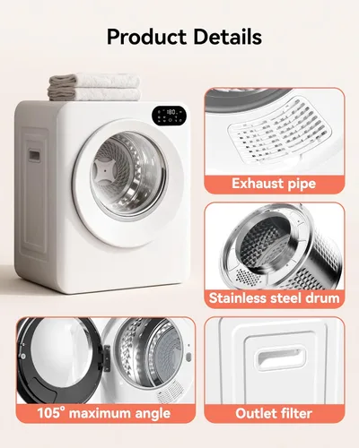 Vista 6 de Euhomy Secadora de ropa de 1.5 pies cúbicos, secadora 4 en 1, control de panel LED para habitaciones Small Electric Dryer Machine for Laundry