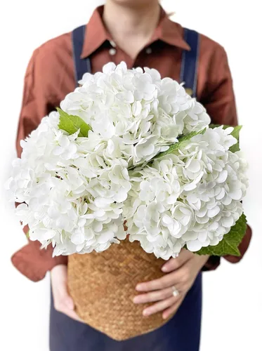 Vista 13 de JINWOE Hortensias artificiales de tacto real, 3 piezas de 21 pulgadas, flores de seda de látex real grandes, tallos largos, ramo de flores falsas