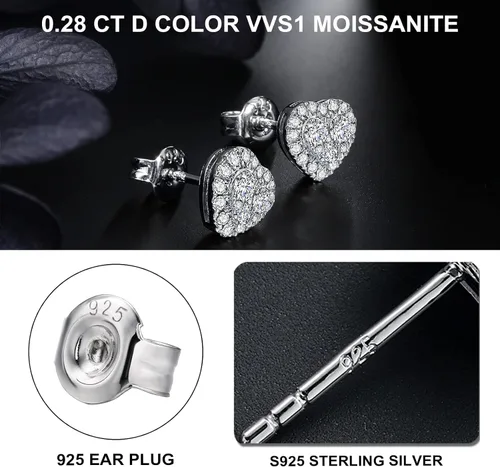 Vista 5 de DAYBYDAY Aretes de plata de ley 925 de moissanita para mujeres y niñas, delicados y lindos corazones, redondos, cojines, ovalados, color D, VVS1