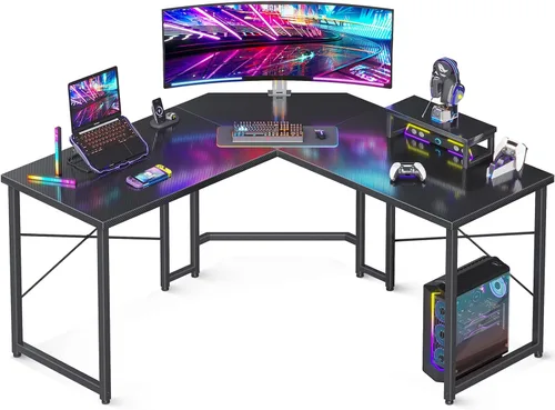 Vista 8 de AODK Escritorio para juegos en forma de L, escritorio de esquina para computadora, mesa de escritorio para juegos de PC con soporte elevador
