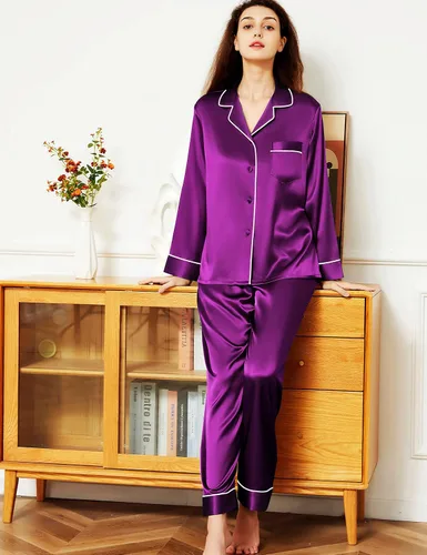 Vista 4 de Conjunto de pijama de satén para mujer, camisa de manga larga con botones y pantalón largo