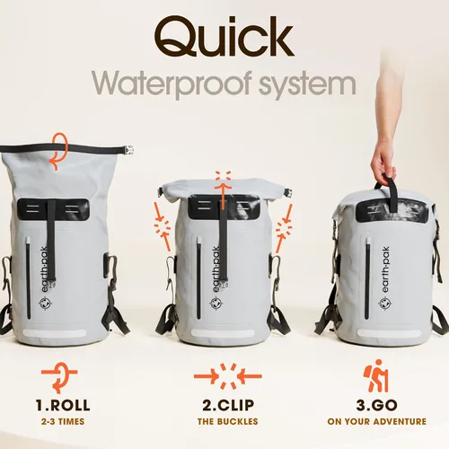 Vista 6 de Earth Pak Mochila impermeable 35L 55L 85L - Cierre enrollable resistente con bolsillo frontal con cremallera de fácil acceso y panel trasero