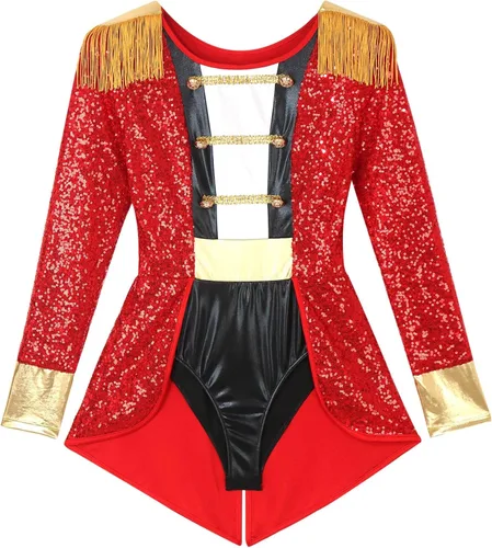 Vista 5 de FEESHOW Women's Circus Ringmaster Costume Halloween Cosplay Tassel Leotard Bodysuit for Party Stage Shows