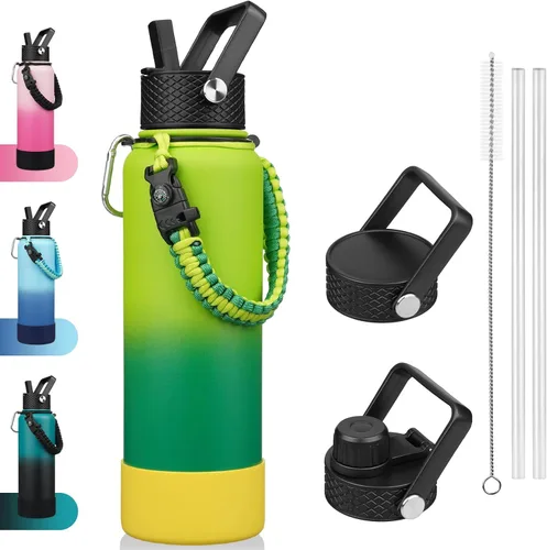 Vista 24 de BJPKPK - Botella de agua con tapa de popote, botellas de agua aisladas de 18 onzas con 3 tapas, asa de cuerda de paracaídas y base antideslizante