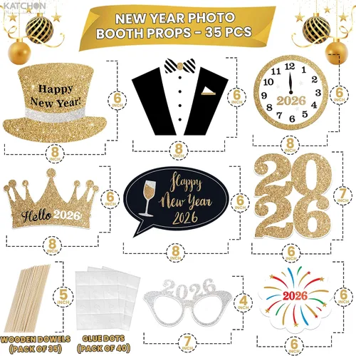 Vista 3 de Katchon, Accesorios para cabina de fotos de Año Nuevo con purpurina – Paquete de 35 Accesorios de cabina de fotos NYE para suministros de fiesta