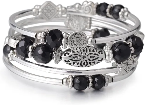 Vista 24 de FULU AUTUMN Pulseras apilables con cuentas para mujer, pulsera bohemia de plata envolvente, joyería de moda en capas, regalos para ella 17-negro