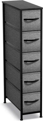 Vista 10 de Sorbus Cómoda estrecha con 4 cajones - cómoda de almacenamiento vertical delgada con marco de acero, parte superior de madera y contenedores de tela