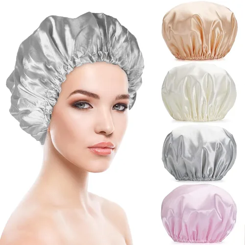Vista 9 de Smilco Paquete de 2 gorros de ducha para mujer, reutilizables, impermeables, de doble capa, cubierta elástica grande de EVA para el cabello, se