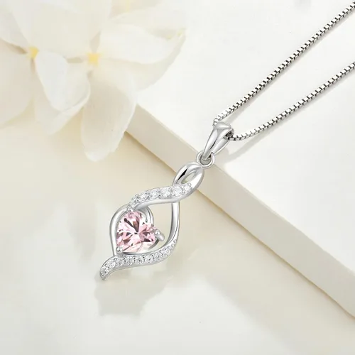 Vista 3 de JIWOY Collar infinito de plata de ley con colgante de piedra de corazón y piedra natal para mujer