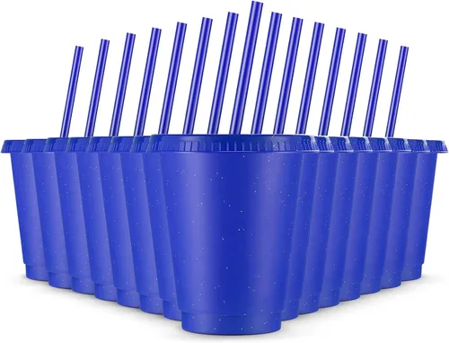 Vista 11 de Rtteri 15 vasos reutilizables con popotes y tapas, vasos de plástico con purpurina de 16 onzas, vasos de plástico para recuerdos de fiesta con Negro