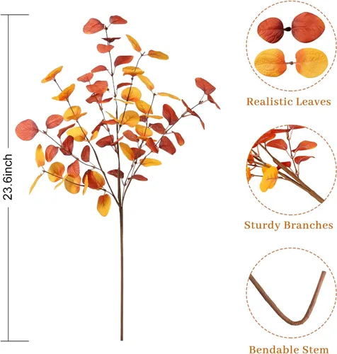 Vista 3 de Beferr Decoración de tallos de eucalipto de otoño, 5 piezas de ramas de eucalipto artificiales de 23 pulgadas, hojas de otoño, arreglos florales