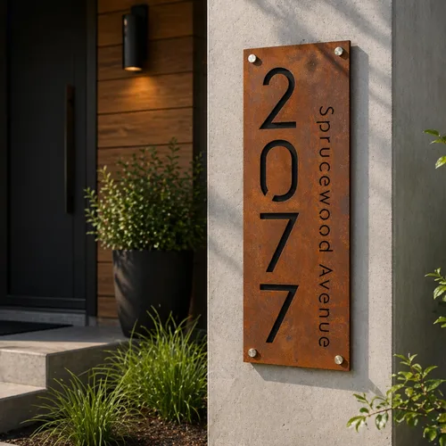 Vista 2 de Placa de números de casa de hierro oxidado con dirección, números de casa modernos para exterior, placa de dirección, señal de dirección