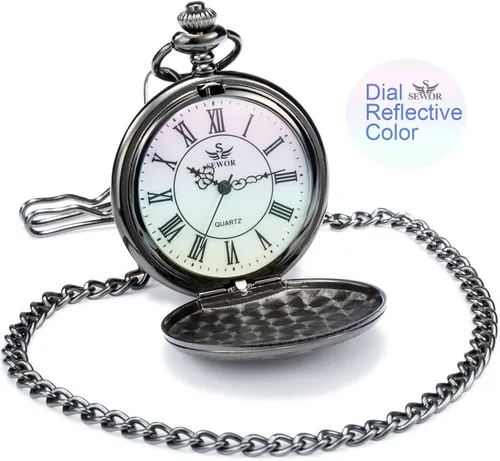 Vista 4 de SEWOR Nice Quartz Pocket Watch Shell Dial Gold Smooth Case with Two Type Chain Leather Metal