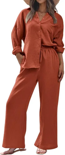 Vista 2 de KIRUNDO Conjunto de 2 piezas de algodón de manga larga con botones y pantalones de pierna ancha a juego, conjunto casual de descanso