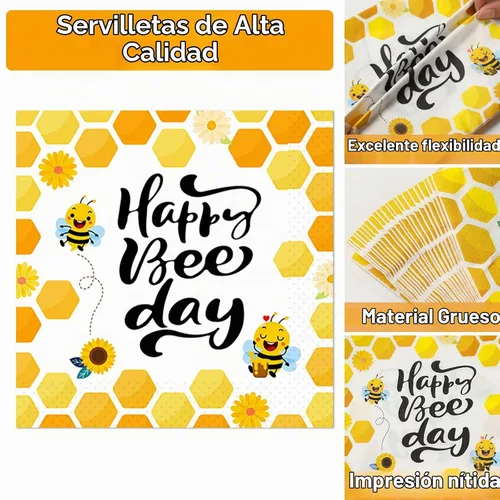 Vista 3 de Qyeahkj Juego de 100 platos de papel y servilletas de abeja, suministros para fiesta de primer cumpleaños, suministros para el primer cumpleaños