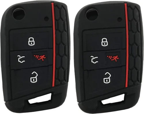 Vista 3 de Funda de silicona para llave con control remoto para VW Golf Polo 2016-2017, 4 botones, entrada sin llave, mando a distancia (1 negro + 1 rojo)