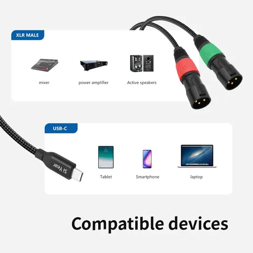 Vista 5 de USB C a doble XLR macho cable de audio, adaptador tipo C a 2 XLR macho cable de amplificador de potencia estéreo para conectar smartphones USB C a