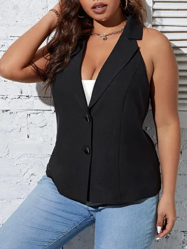 Vista 4 de MakeMeChic Chaqueta sin mangas con cuello de solapa y botones frontales para mujer, talla grande
