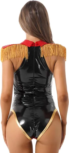 Vista 2 de YiZYiF Disfraz de trapecio de espectáculo de circo de lentejuelas para mujer, traje de juego de rol