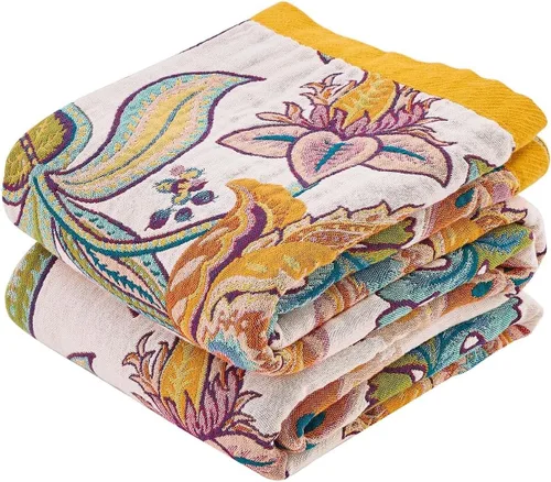 Vista 27 de Manta bohemia de muselina de algodón tejida con flores decorativas de 50 x A-verde