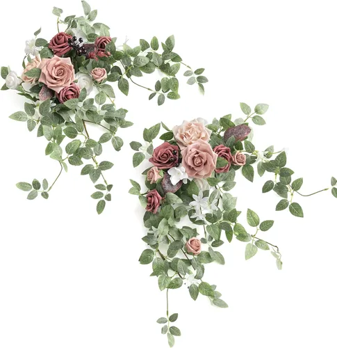 Vista 11 de Ling's moment 2 guirnaldas florales artificiales, borgoña y rosa Rojo-borgoña y rosa polvorienta