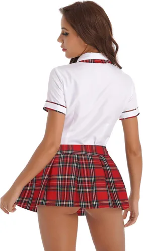 Vista 3 de Fldy Conjunto de uniforme de colegialas para mujer camisa de cosplay con mini falda a cuadros disfraz de estudiante