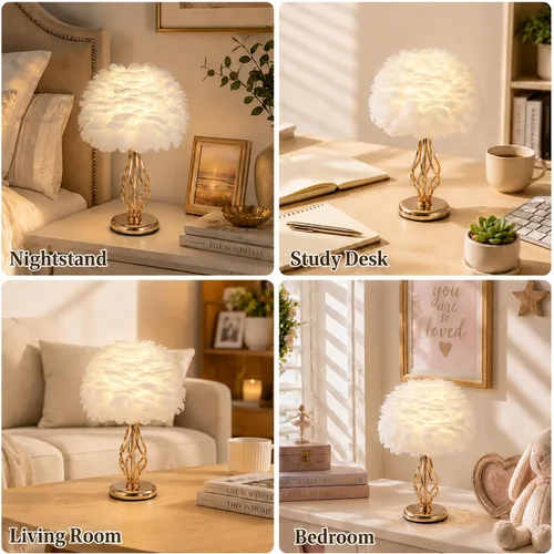 Vista 4 de Capslpad Lámpara de mesa de plumas blancas 16.9 '' luz de mesita de noche Blanco-2