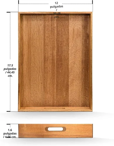 Vista 3 de Bandeja de servir de madera de acacia con asas (17 pulgadas) – Bandejas decorativas para servir desayuno en la cama, almuerzo, cena, aperitivos
