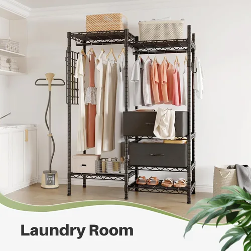 Vista 2 de HOKEEPER Perchero de ropa resistente para colgar ropa, cargas de 1200 libras, armarios portátiles ajustable con cajones desmontables, tablero