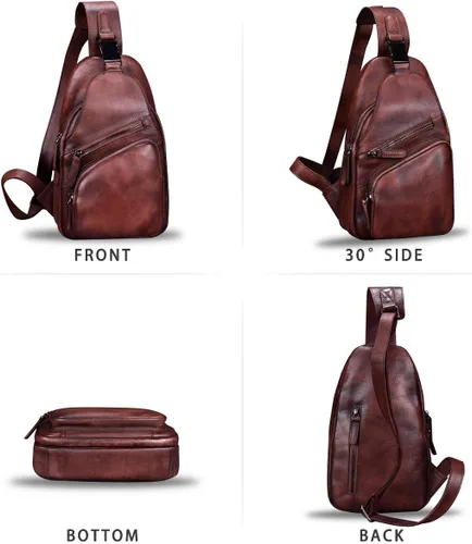Vista 4 de IVTG Bolso bandolera de cuero genuino para hombres y mujeres, mochila de hombro hecha a mano cruzada para motocicleta