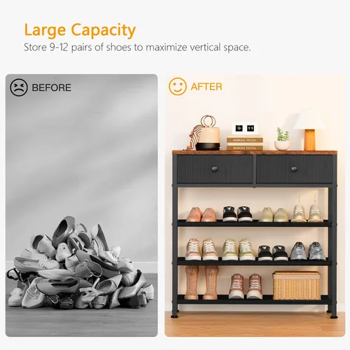 Vista 8 de usikey Zapatero, organizador de almacenamiento de zapatos de 4 niveles con 2 cajones, estante de zapatos de metal para 9-12 pares de zapatos, con 3