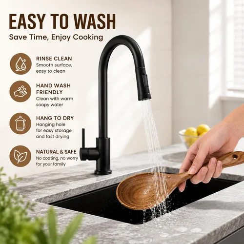 Vista 11 de Juego de utensilios de cocina de madera de teca prémium de 8 piezas, resistentes al calor, ligeras y resistentes, cucharas de madera para utensilios