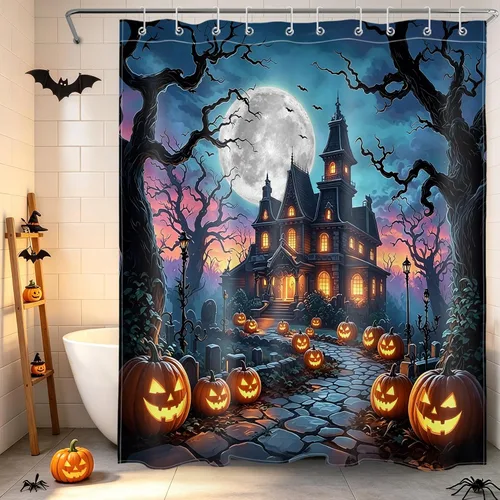 Vista 33 de LB Cortina de ducha espeluznante de Halloween, lindo fantasma en flores, árbol negro, luna llena, cortinas de ducha para baño, tela de poliéster