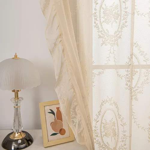 Vista 9 de Sutuo Home Juego de 2 cortinas de encaje beige, paneles transparentes de 63 pulgadas de largo, bordado floral de rosas, tratamiento de ventana
