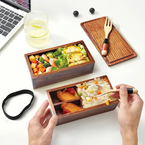 Vista 6 de AOOSY Caja Bento de madera, loncheras, contenedores de almuerzo de madera cuadrados naturales tradicionales japoneses para mujeres y hombres adultos