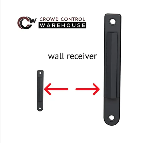 Vista 2 de Crowd Control Warehouse - Barrera de cinturón retráctil de montaje en pared fijo Serie CCW WMB-120 - 11 pies, cinturón negro con carcasa de acero