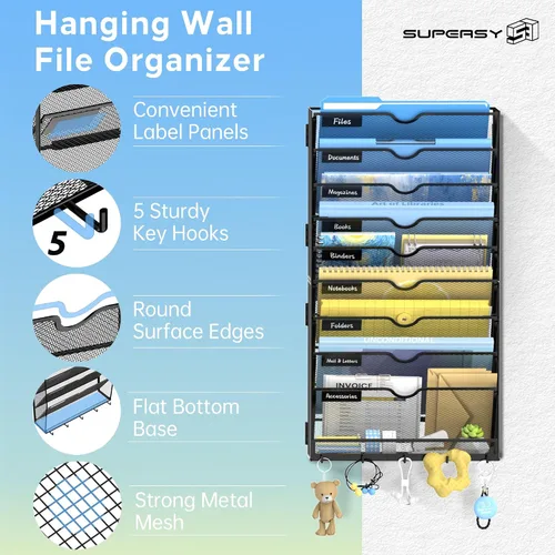 Vista 4 de SUPEASY Organizador de archivos de pared de 10 niveles con ganchos Negro
