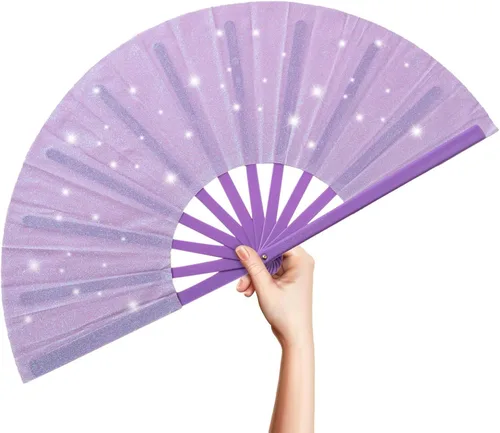 Vista 11 de OMyTea Ventilador grande con purpurina para baile de línea, botas de 13 pulgadas en el suelo, ventilador de mano plegable para EDM, festival de Negro