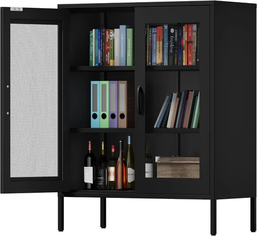 Vista 10 de Chshin Gabinete de Almacenamiento de Metal con Puertas, Gabinete de Acento Negro, Gabinetes de Almacenamiento de Clóset de Metal, Soporte de Medios