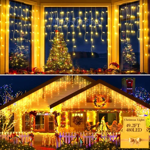 Vista 23 de FLVOECN 480 luces LED de Navidad de 49 pies, enchufables, 8 modos con temporizador, luces de hielo regulables, para exteriores, impermeables