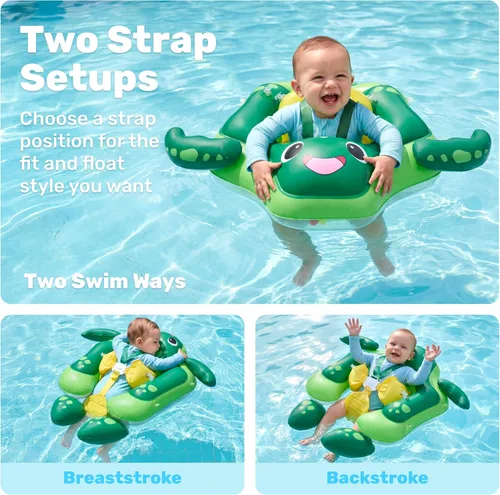 Vista 2 de Sloosh Flotadores de natación para bebés con toldo extraíble, flotador inflable para piscina para bebé, diseño de tortuga marina, anillo de natación