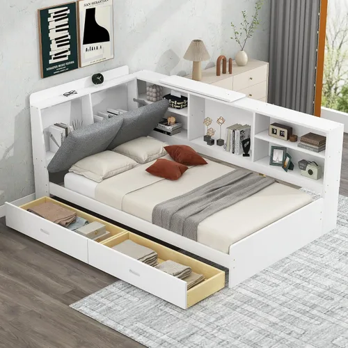 Vista 15 de Sofá cama de madera de tamaño matrimonial con 2 armarios de noche, estantes superiores y 4 cajones, marco de madera resistente, espacio de Marrón