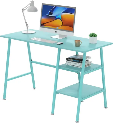 Vista 13 de VECELO Escritorio para computadora de 43 pulgadas, mesa de estudio, oficina, escritorio moderno con estantes, escritorio de madera para el Negro