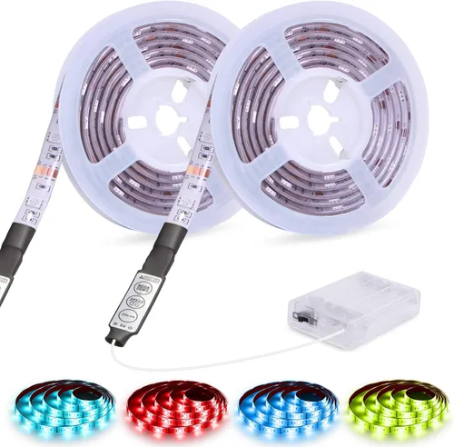 Vista 6 de Tira de luces LED con pilas, tira de luces LED RGB con mini controlador, impermeable, tira de luces LED con batería, luces LED que cambian