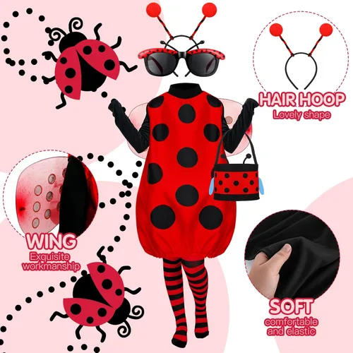 Vista 3 de Janmercy Kit de disfraz de alas de mariquita para mujeres, niños, Halloween, mariquita, niñas, adultos, accesorios de cosplay para fiesta