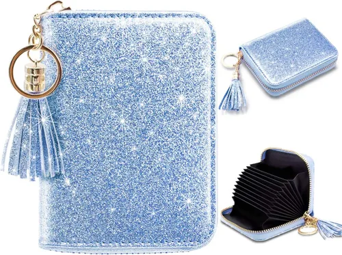 Vista 17 de Coco Rossi Tarjetero de crédito para mujer, cartera pequeña, funda RFID Un brillo azul y verde